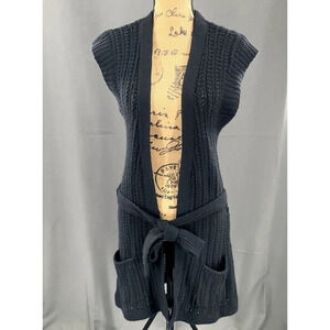 Wallace Sweater Women M Black Duster Knit Vest Tie Pocket Wool Cashmere Cardigan